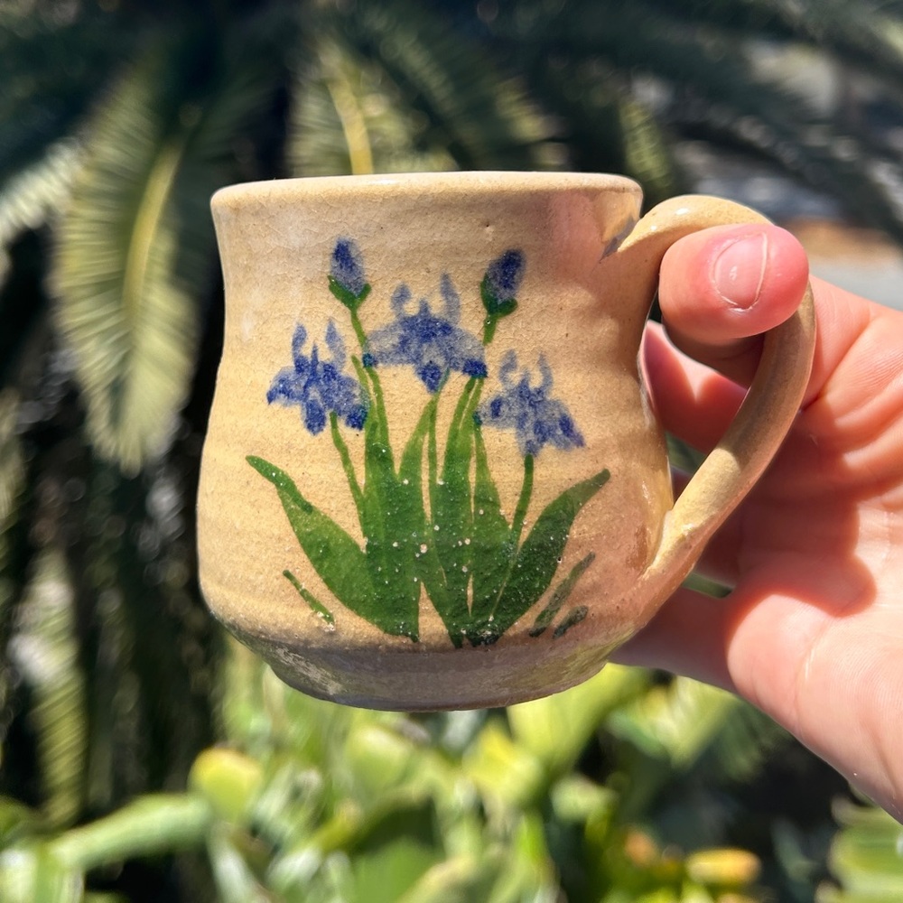 Vintage Hand Thrown Iris Flower Ceramic Clay Pottery Coffee Mug